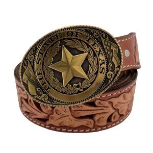 Size 66 Mens Belt Lone Star Buckle on Tooled Leather Belt Nubuck Floral